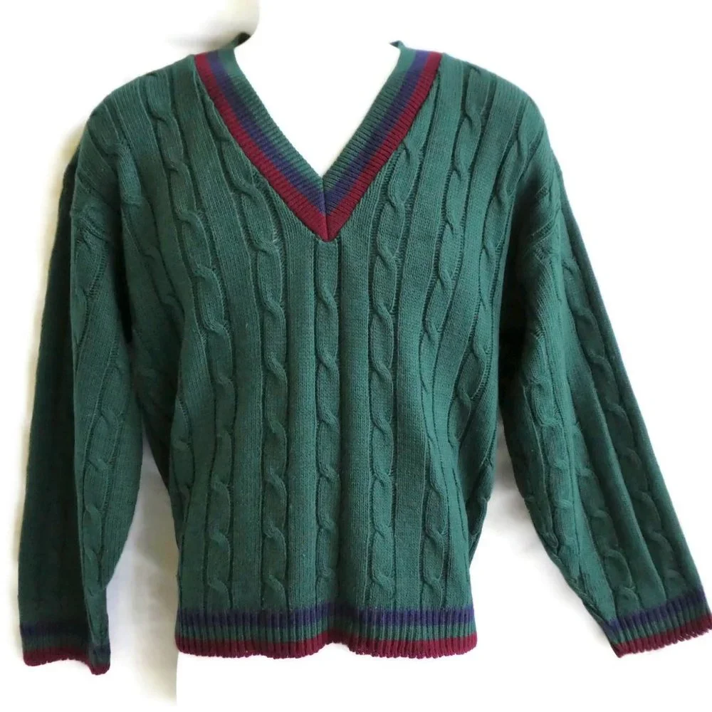 Vintage 80s Scandia Sweater Tennis Varsity V Cable Acrylic USA L
